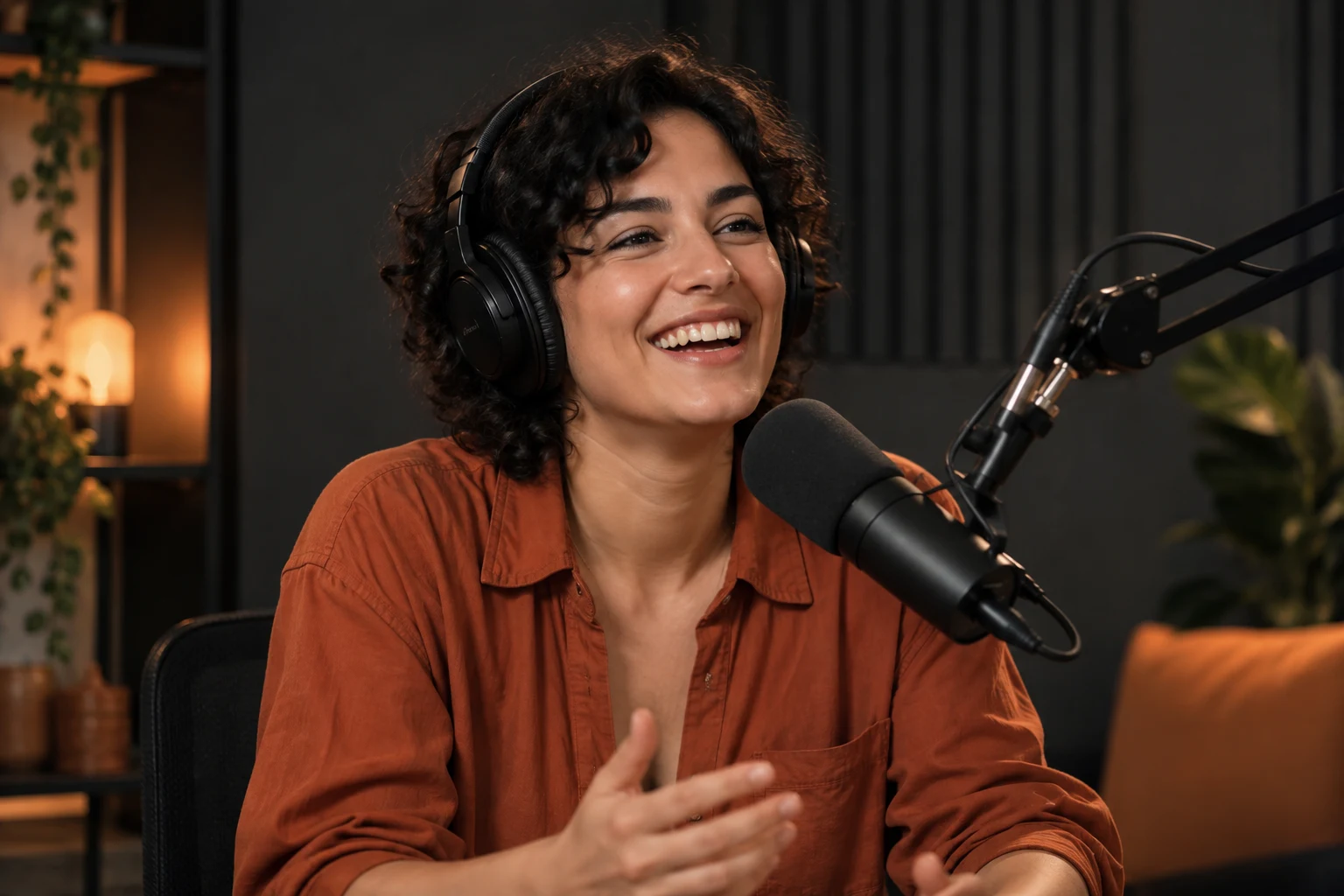 Podcast host smiling during a conversation at her microphone