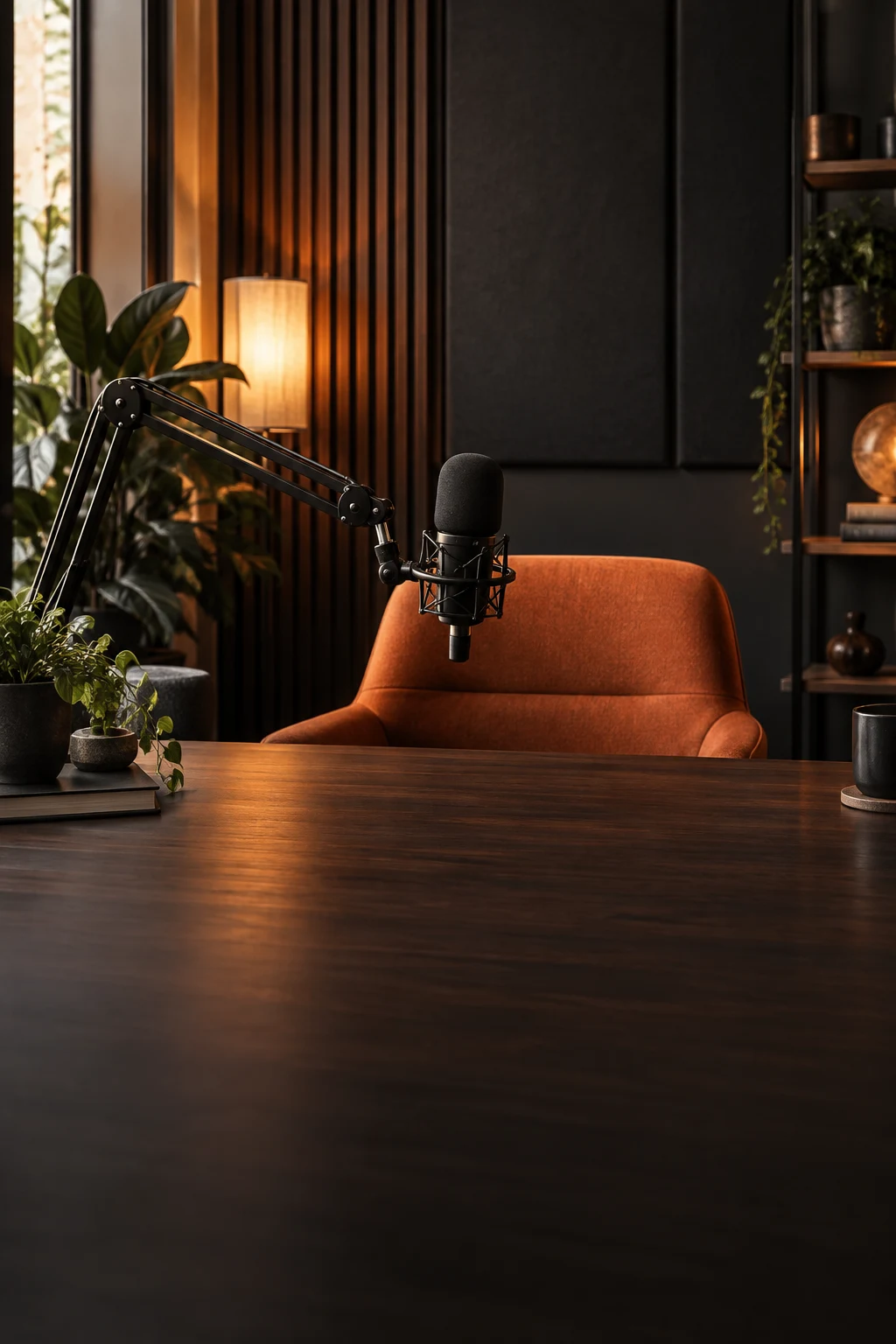 Warmly lit podcast studio with an orange chair and microphone