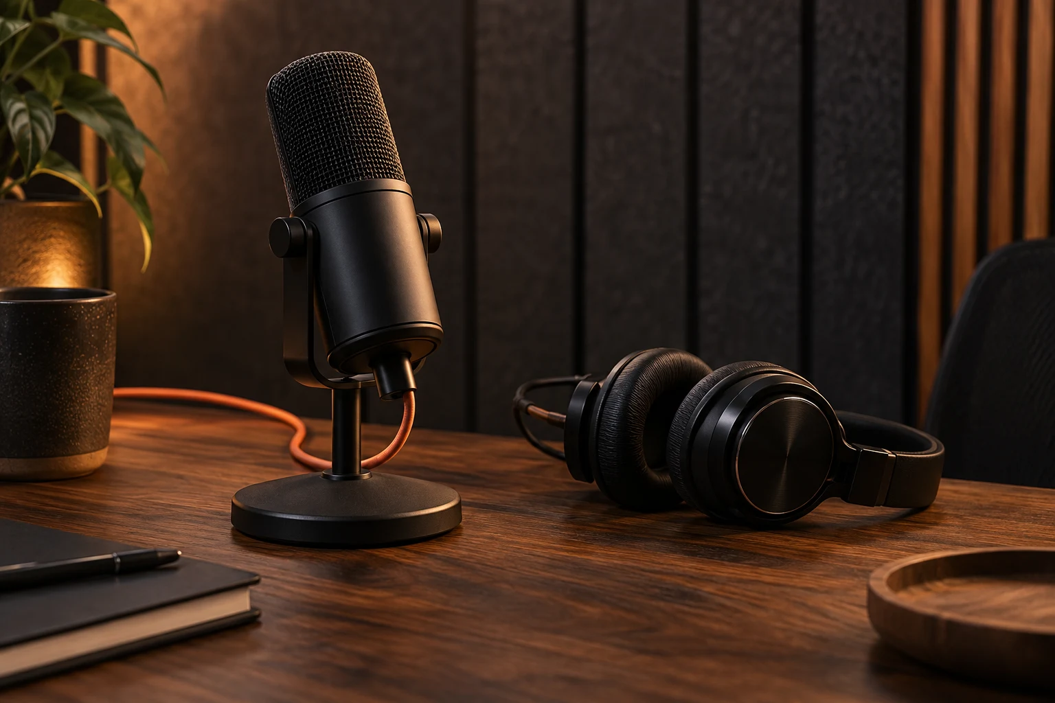 Black studio microphone and headphones on a warm walnut desk